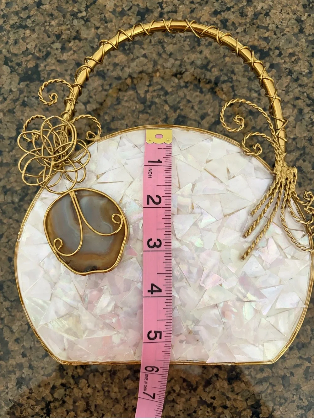 Handcrafted Iridescent Shell Circle Top-Handle Bag in White and Gold